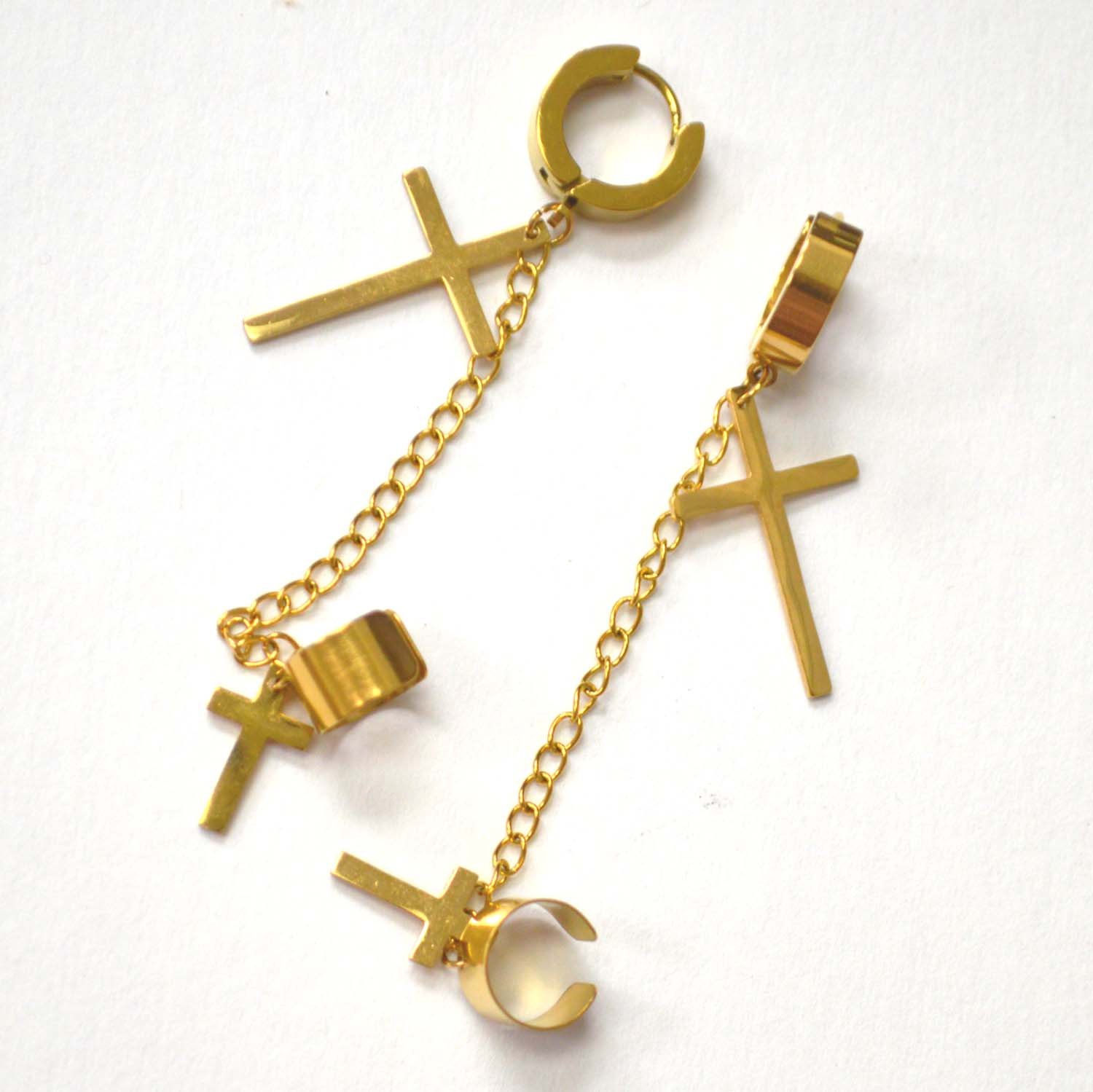 Cross Dangling Huggies/Earcuff Gold Plated Earrings 83-855G