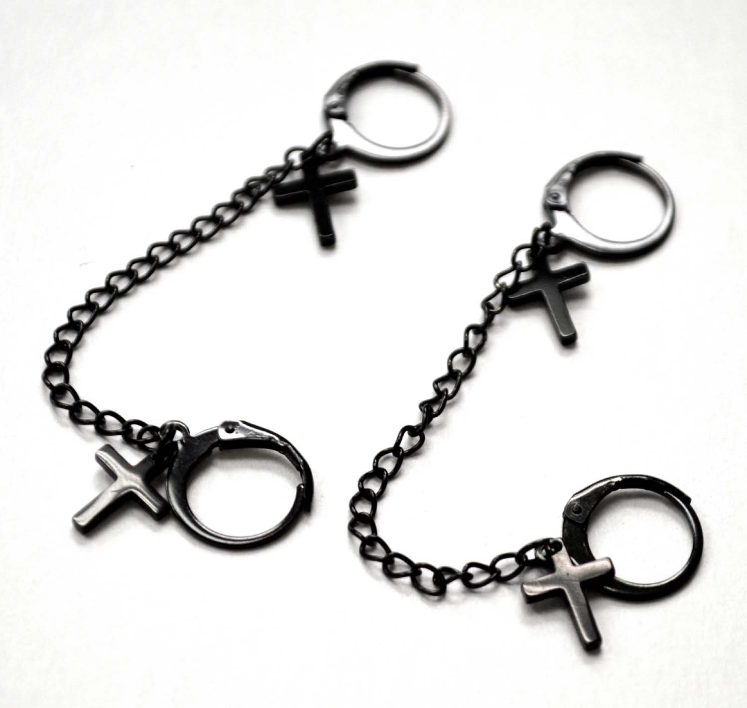 Dangling Cross with Handcuff Black Plated Earrings 83-837B