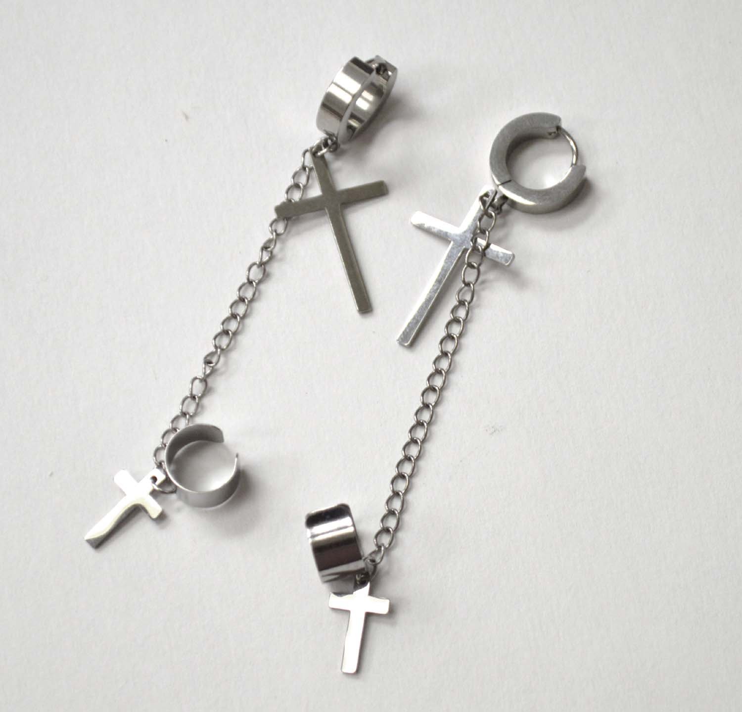 Cross Dangling Huggies/Earcuff Stainless Steel Earrings 83-855S