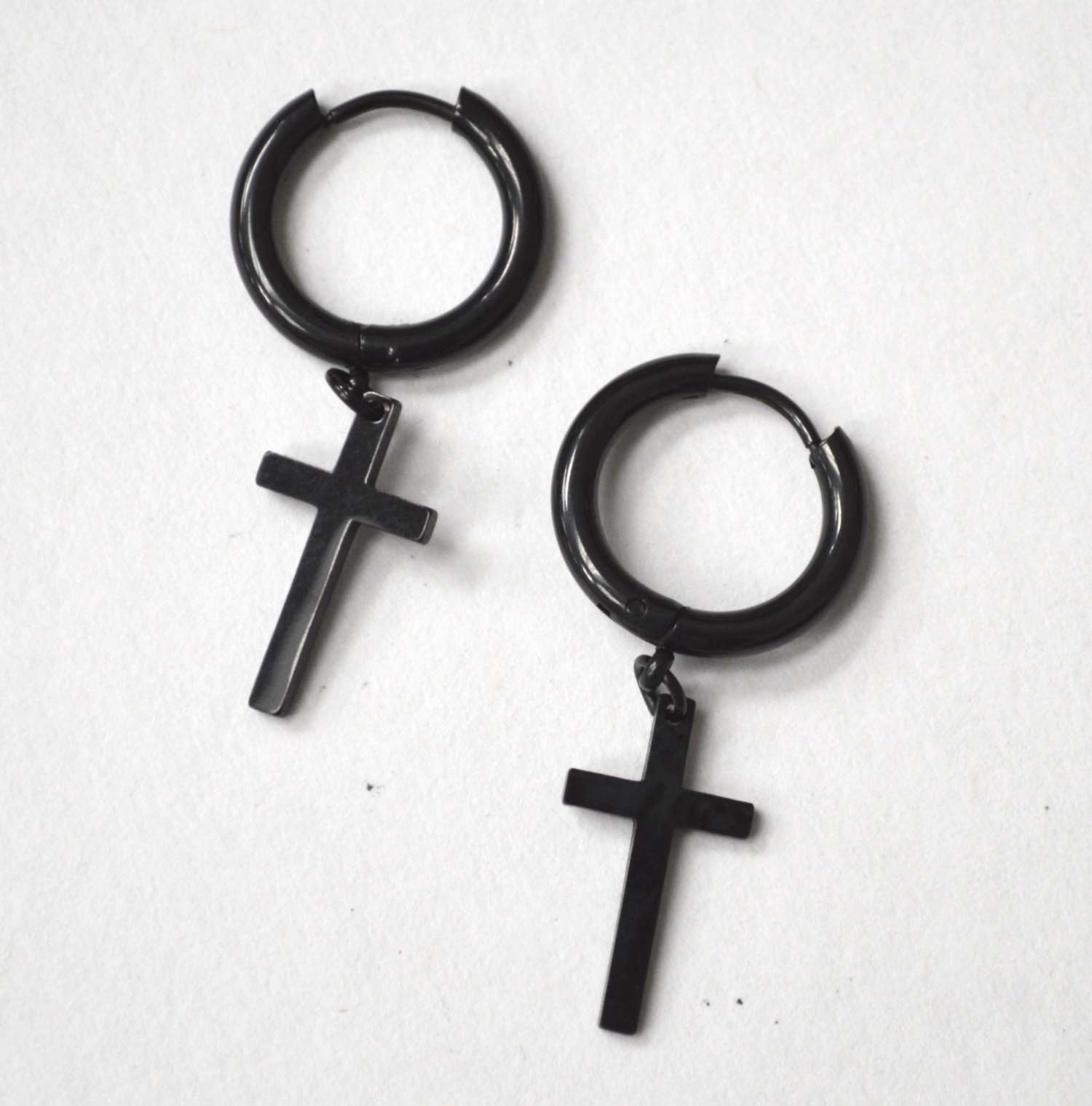Dangling Cross in Hoops Black Plated Earrings 83-869B