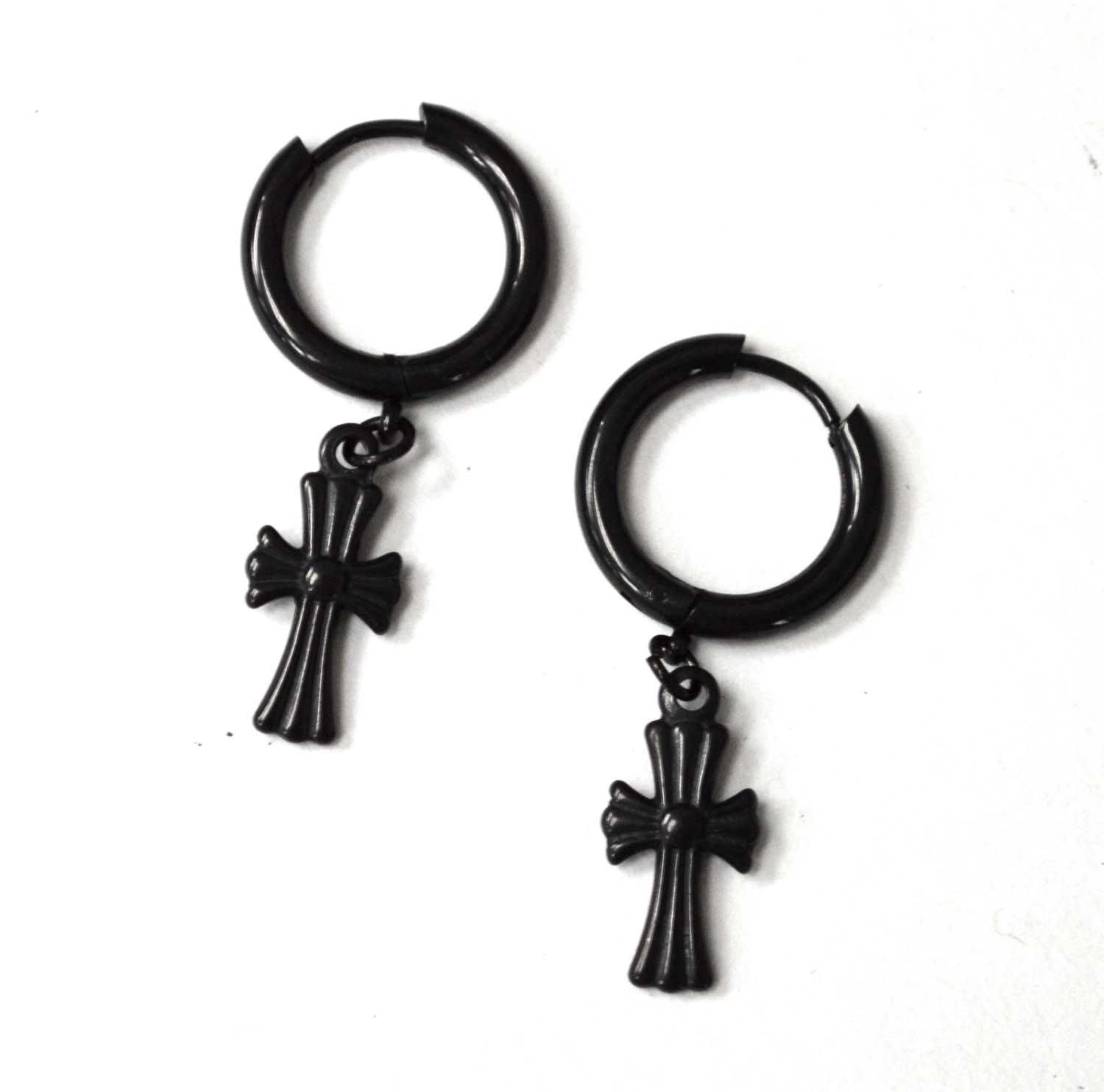 Dangling Cross in Hoops Black Plated Earrings  83-868B