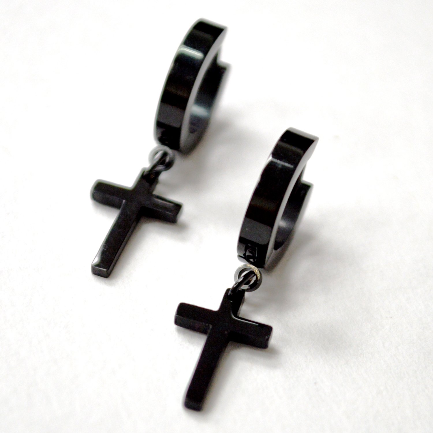 Cross Dangling Black Plated Steel Huggies 83-950B