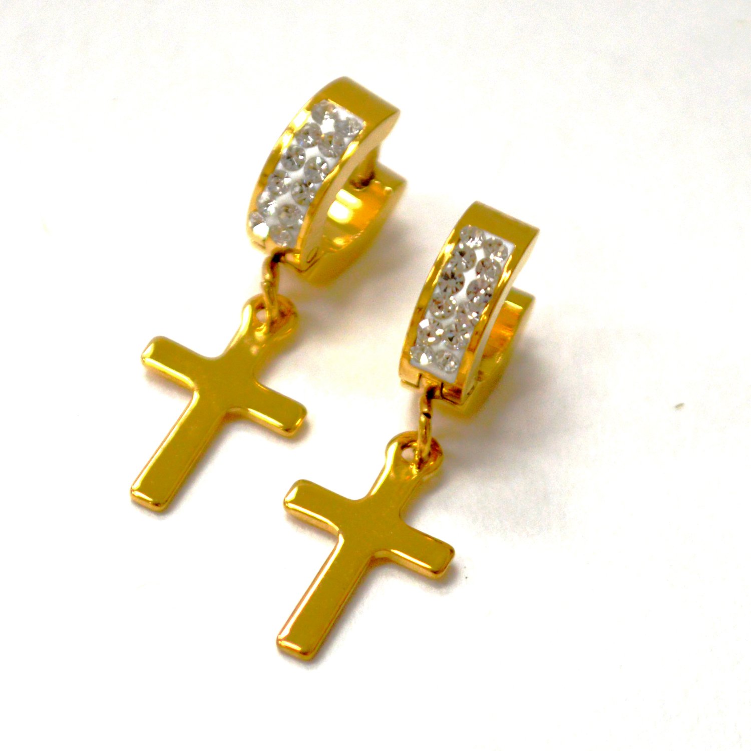 Dangling Cross  Huggies Earrings Gold IP Plated 83-1008G