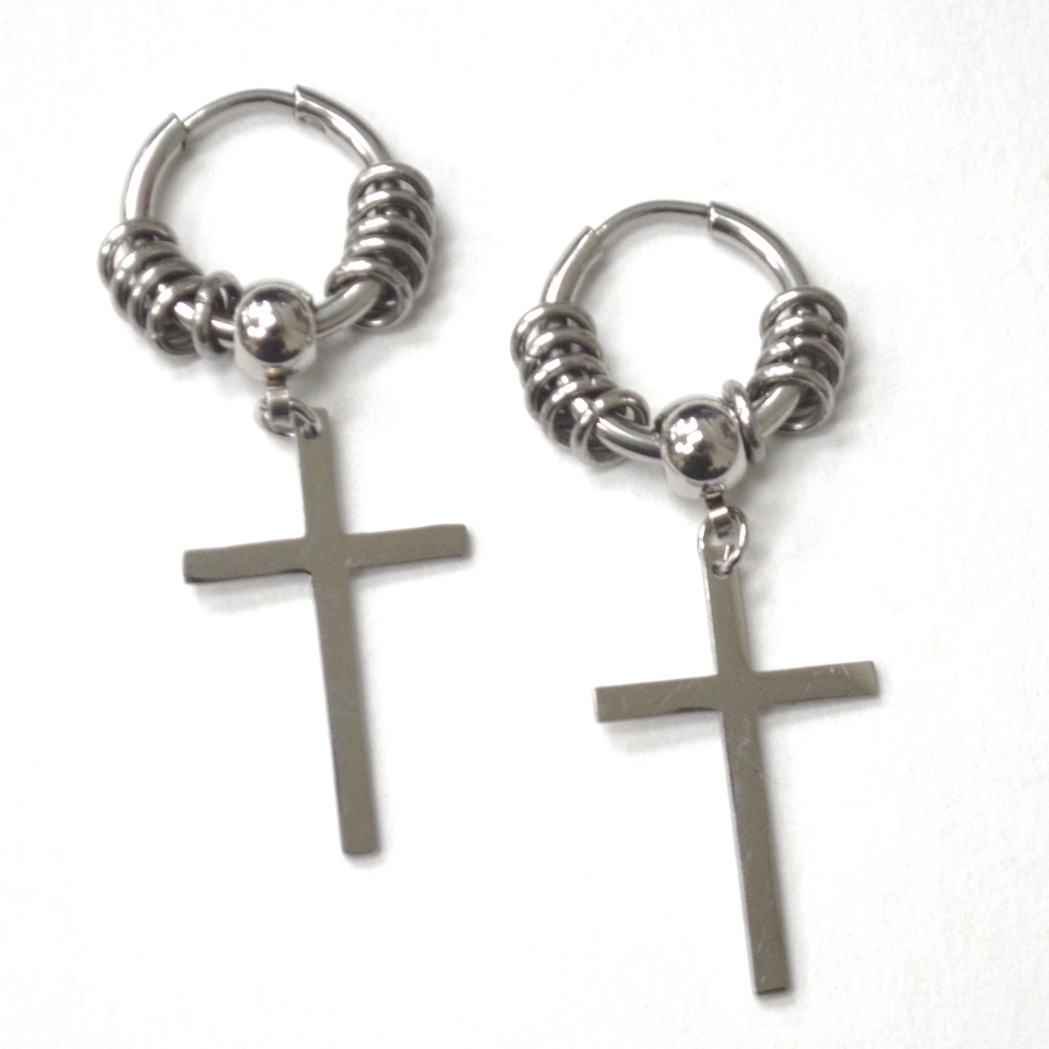 Dangling Cross Stainless Steel Hoops Earrings 83-887S-1