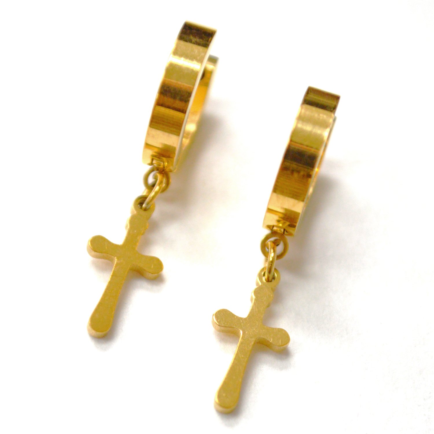 Cross Dangling Gold Plated Steel Huggies 83-950G-1