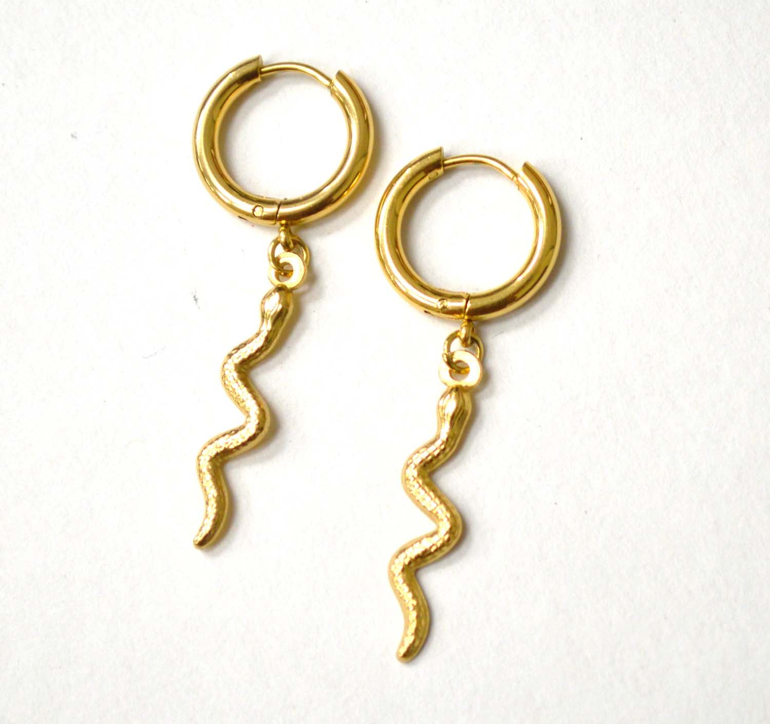 Dangling Snake Gold Plated Hoops Earrings 83-904G