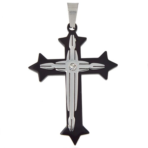 Stainless Steel Two-tone Black Plated CZ Cross Pendant (39x54mm)
