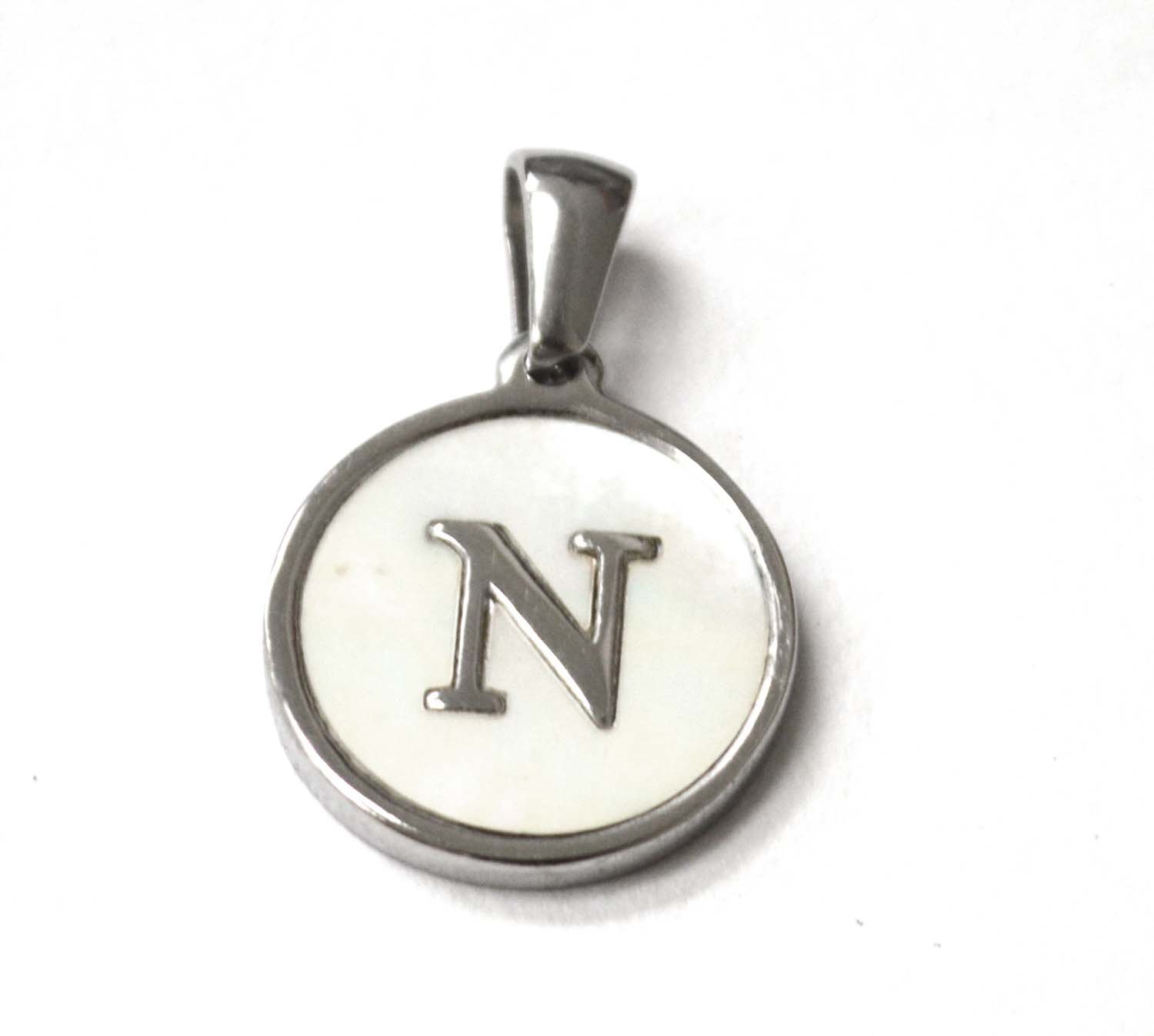 N Initial Stainless Steel in Mother of Pearl Pendant 86-2479S-N