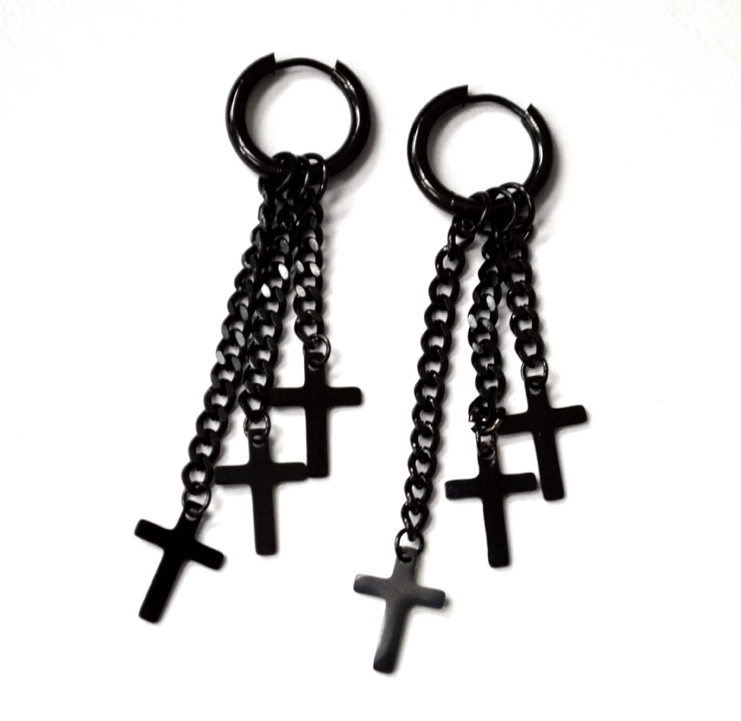 Dangling Cross with Link chain Black Plated Earrings 83-889B