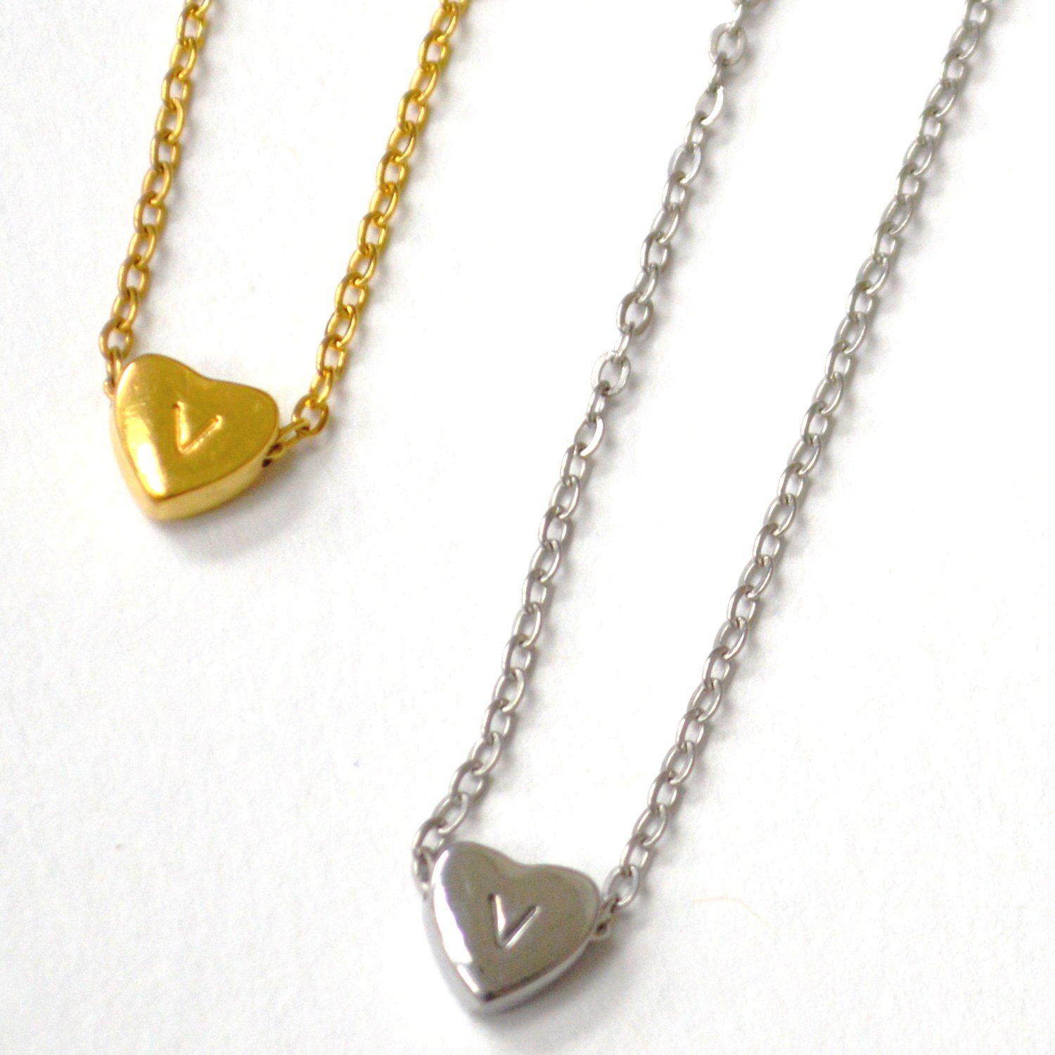V Heart Initial Stainless Steel Necklace 85-1028-V