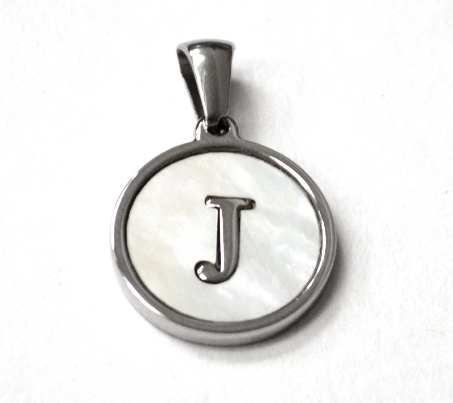 J Initial Stainless Steel in Mother of Pearl Pendant 86-2479S-J