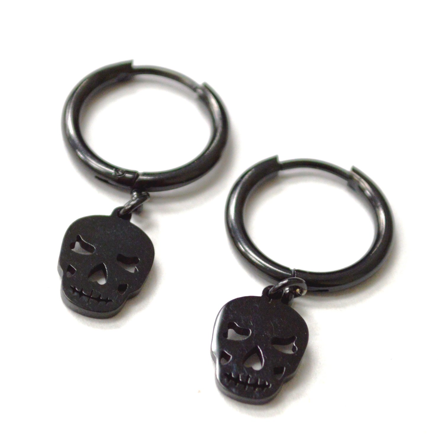 Hoops Earring with Dangling Skull Black Plated 83-861B