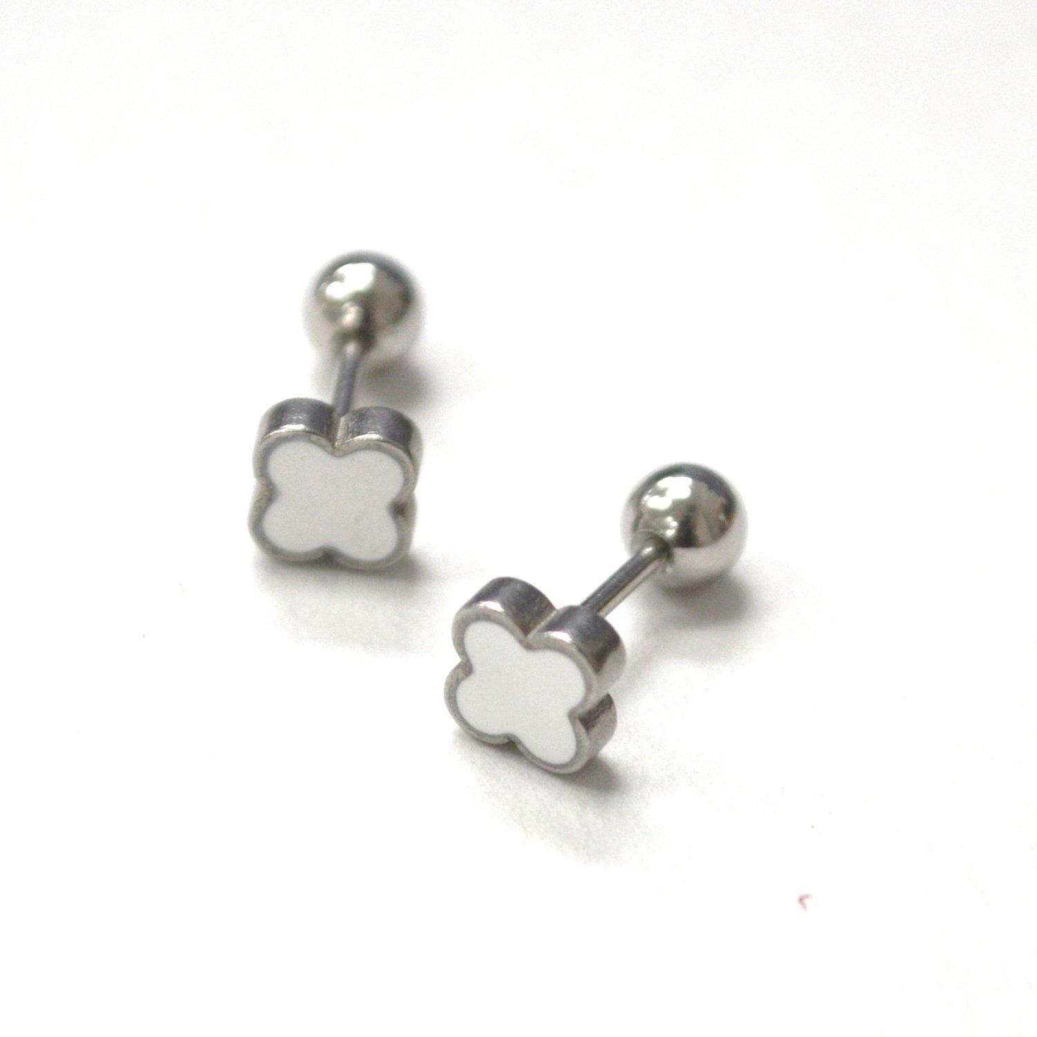 Clover Screw Back Ball Stainless Steel Earrings 83-955S-White