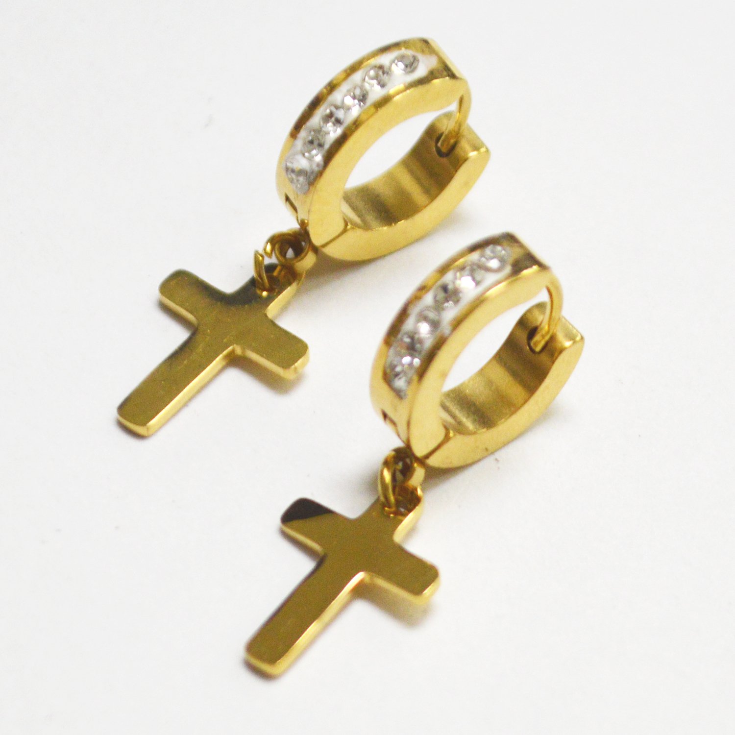 Dangling Cross Gold Plated with Stone Huggies 83-779G
