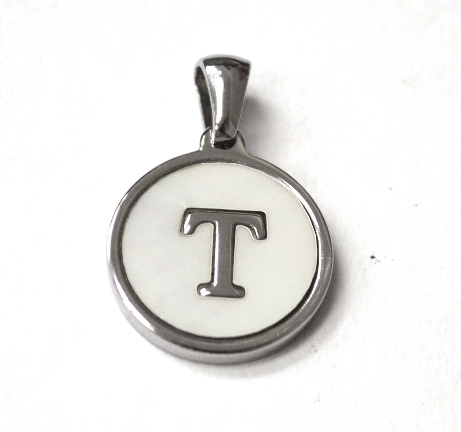 T Initial Stainless Steel in Mother of Pearl Pendant 86-2479S-T