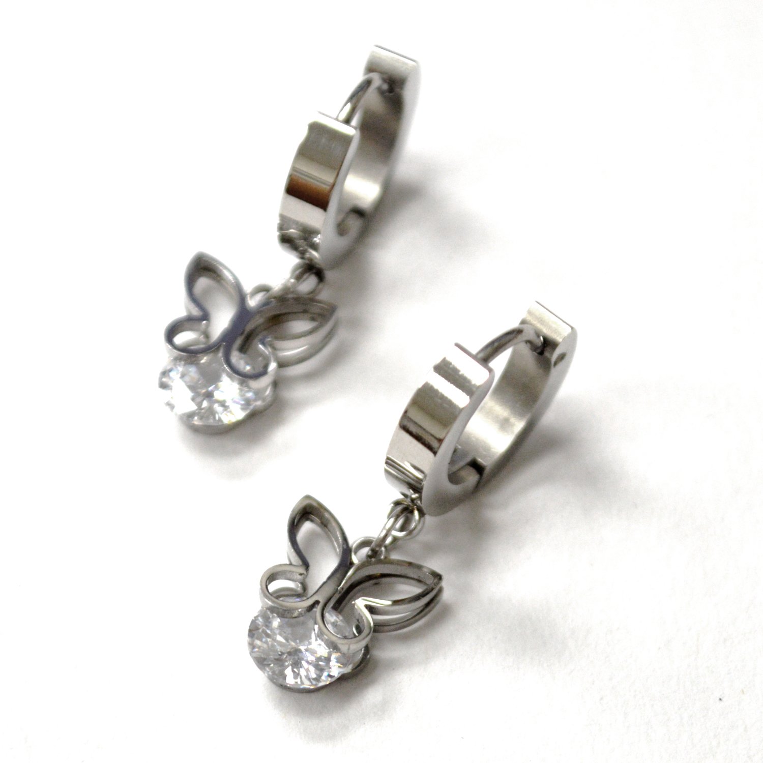 Butterfly with Stone Stainless Steel Huggies Earrings 83-933S