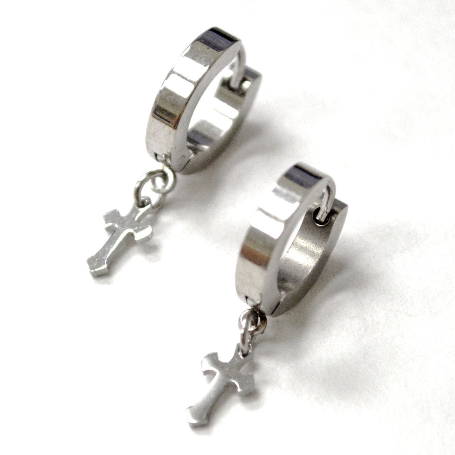 Cross Dangling Stainless Steel Huggies 83-950S-2