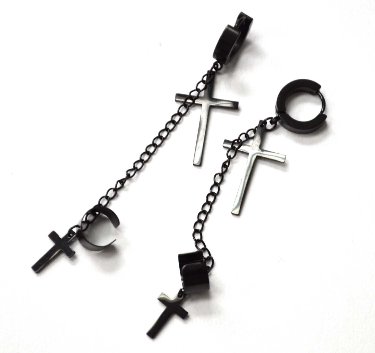 Cross Dangling Huggies/Earcuff Black Plated Earrings 83-855B