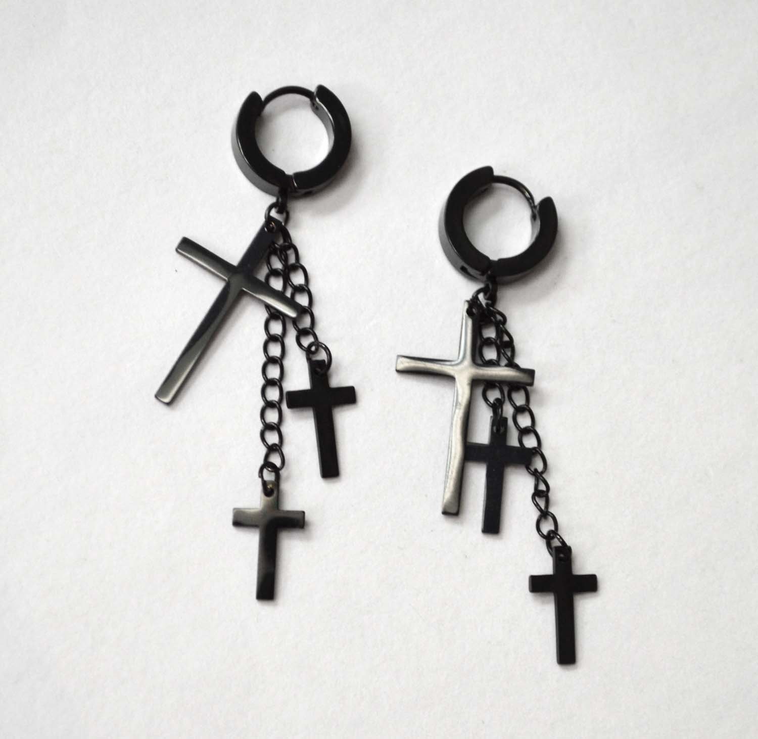 Triple Cross Dangling Black Plated Huggies 83-670B-3