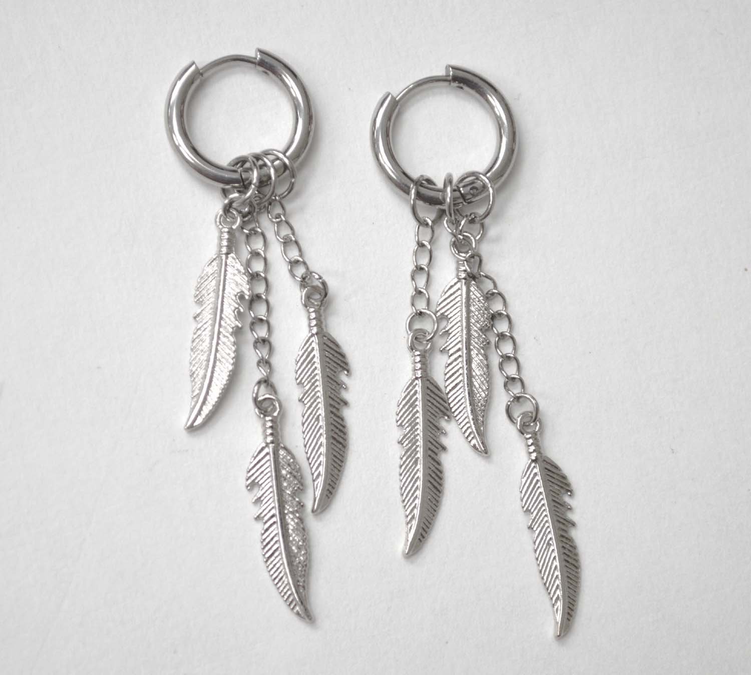 Dangling Feather in Hoops Stainless Steel Earrings 83-900S