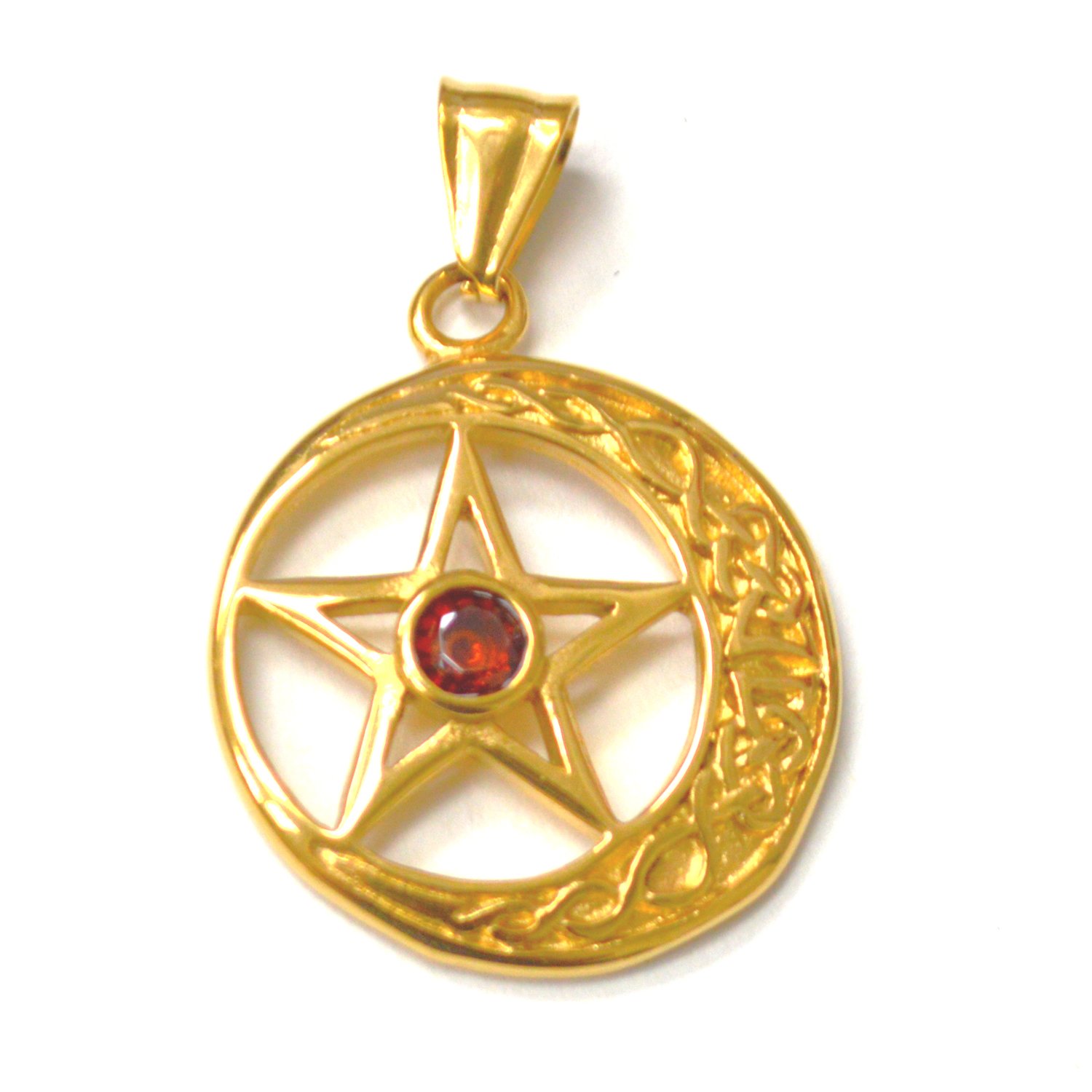 Crescent Star Moon with  Red Stone Gold IP Plated Pendant 86-1722G
