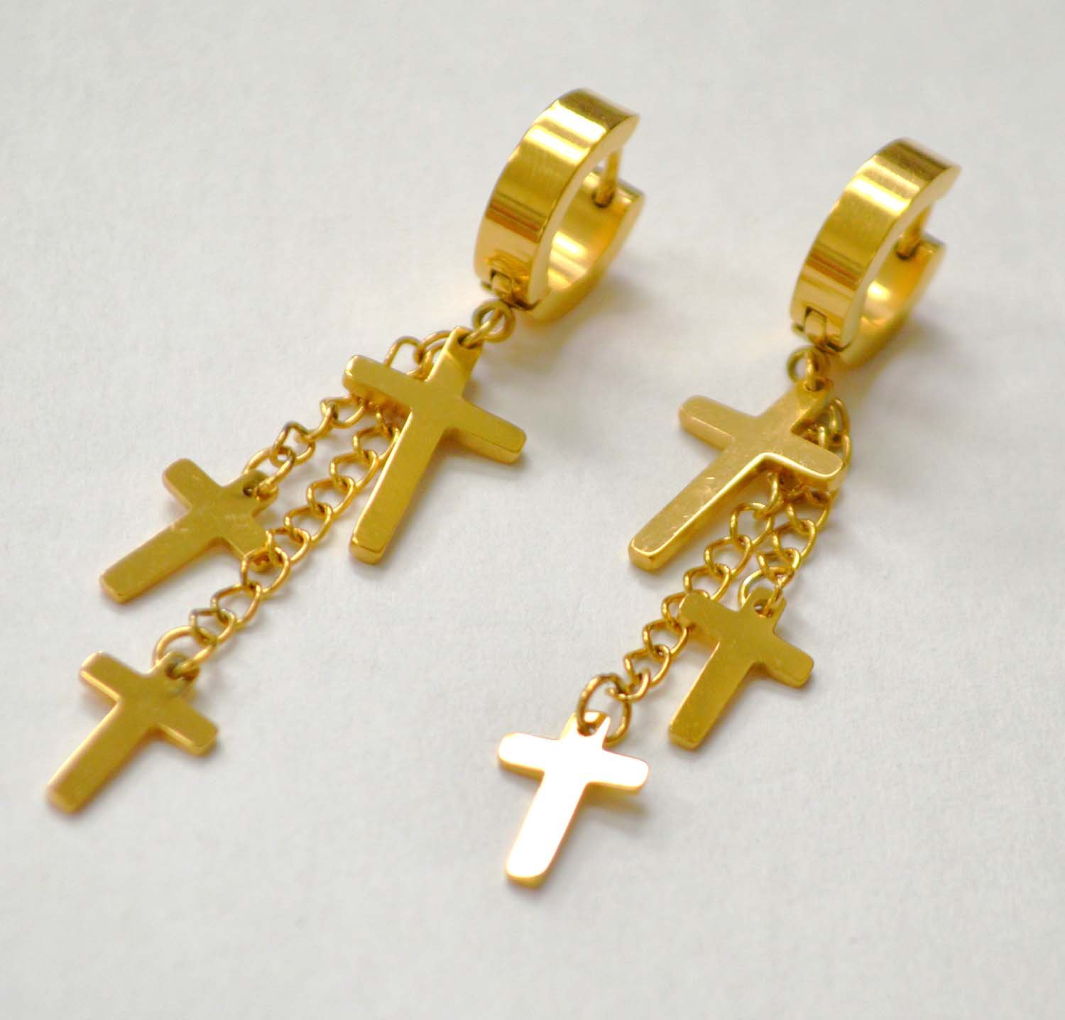 Triple Cross Dangling Gold Plated Earrings 83-670G